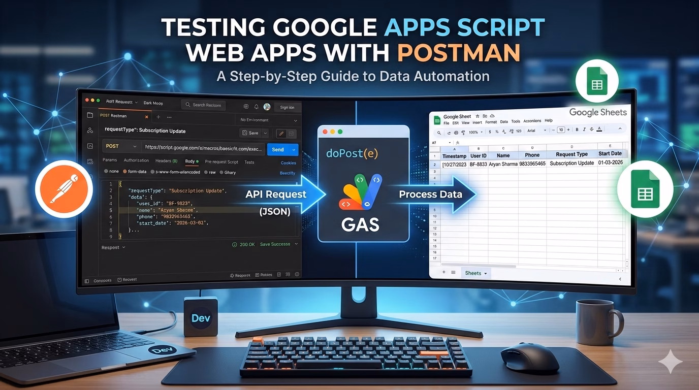A professional digital illustration showing a Postman API request interface sending a JSON payload to a Google Apps Script "doPost(e)" function, which then processes and displays the data in a Google Sheet.